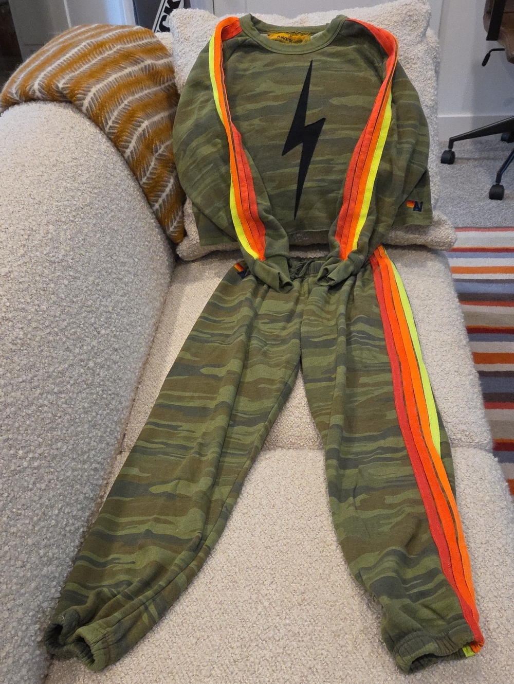 Aviator Nation Olive Camo Joggers with Orange & Yellow Stripes